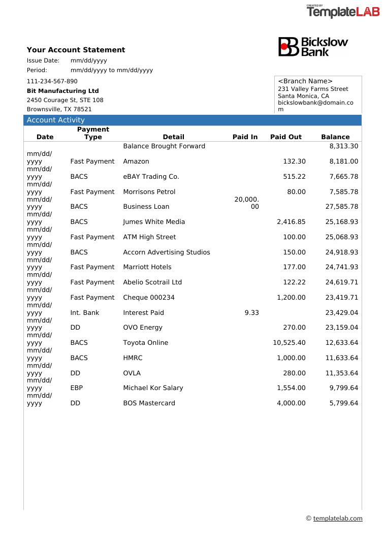 Bank Statement Template 2 Templatelab preview