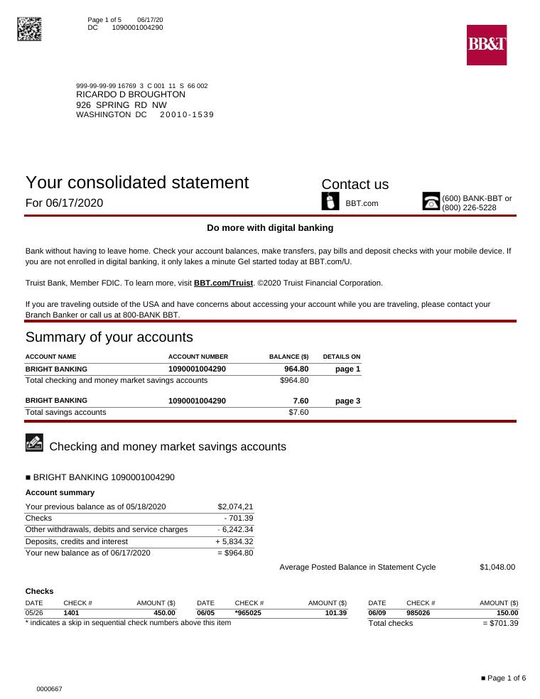 Bbt Bank Statement preview