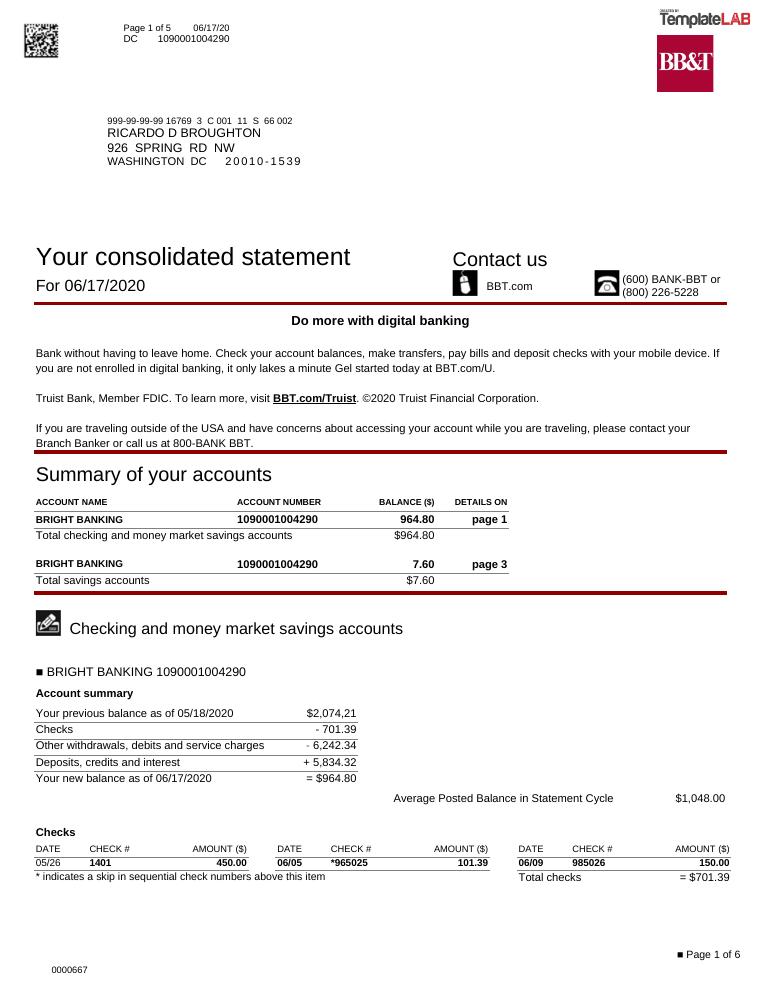 Bbt Bank Statement Templatelab.Com preview