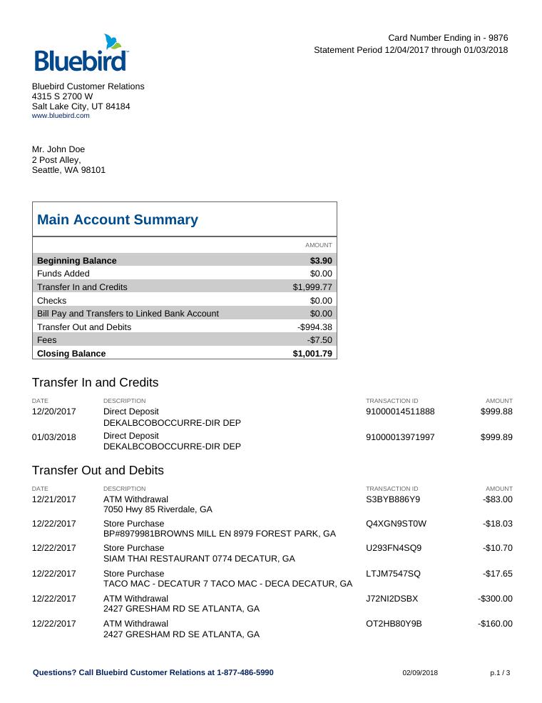 Bluebird Bank Statement preview