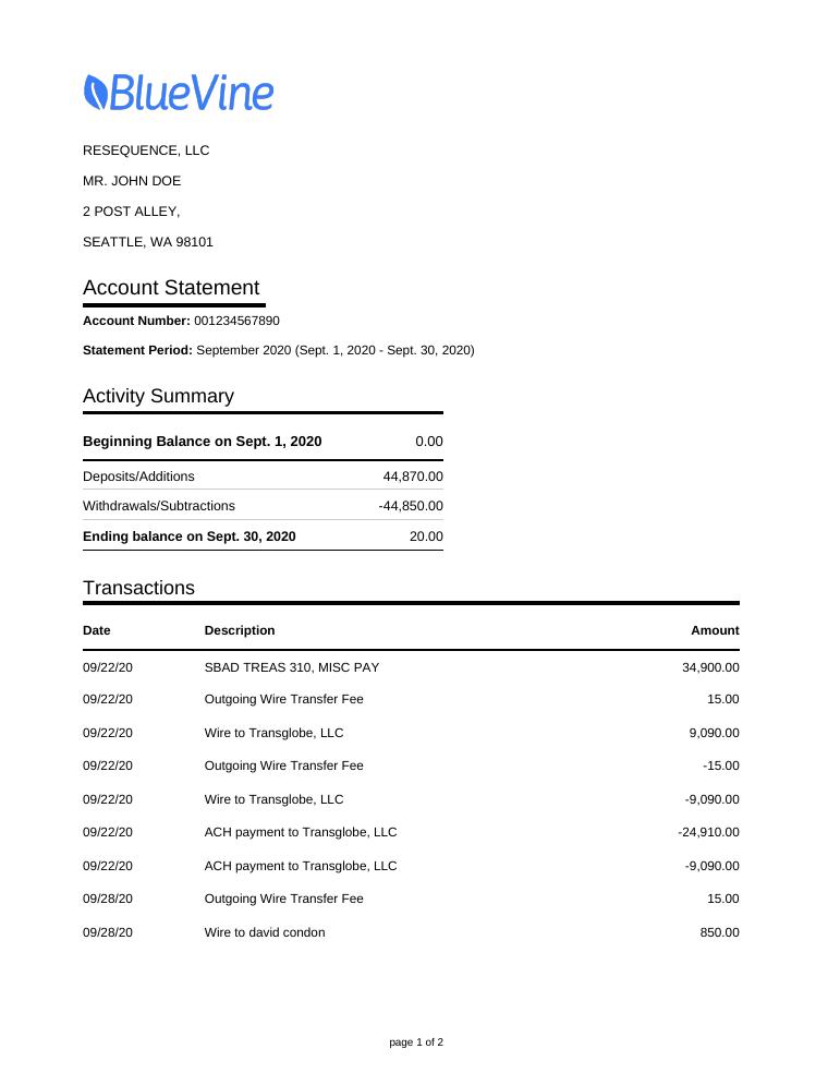 Bluevine Bank Statement preview