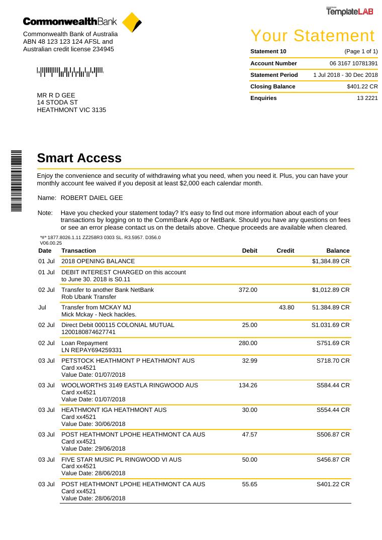 Commonweath Bank Statement Templatelab.Com preview