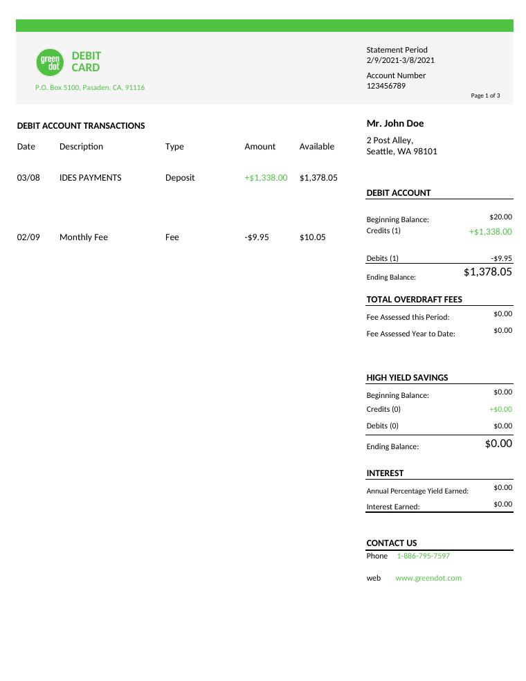 Green Dot Bank Statement preview