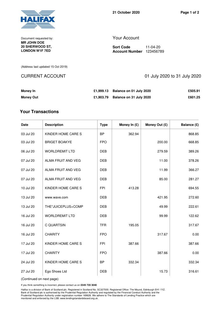 Halifax Bank Statement preview