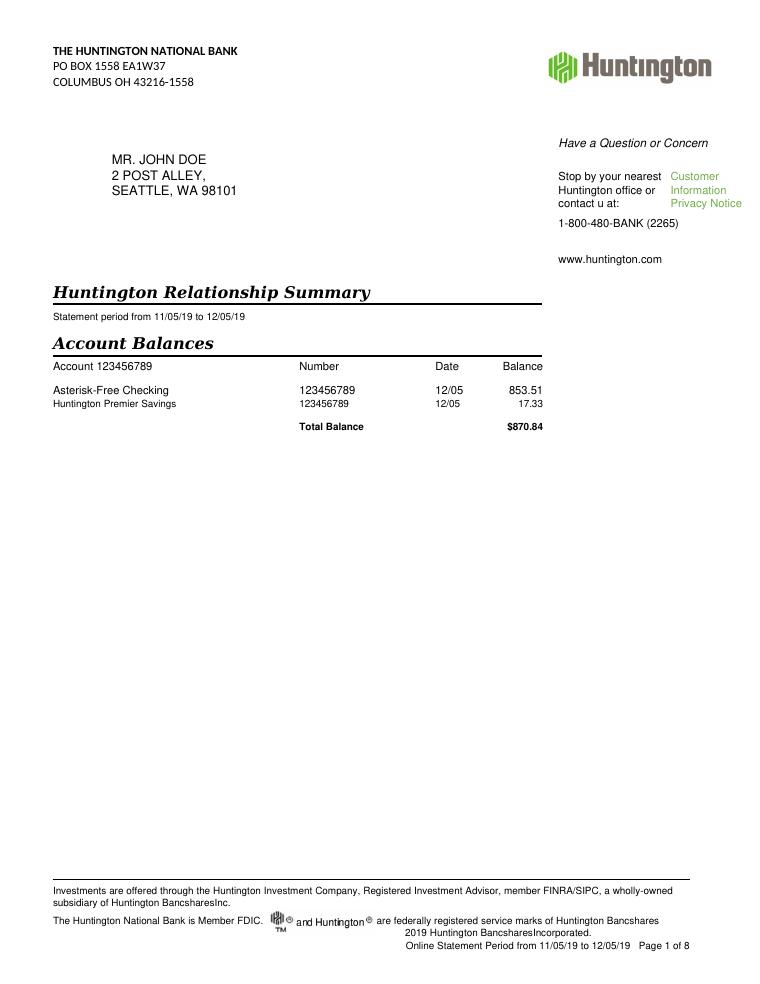 Huntington Bank Statement preview