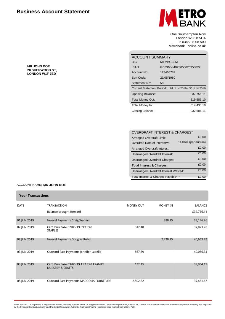 Metro Bank Statement preview