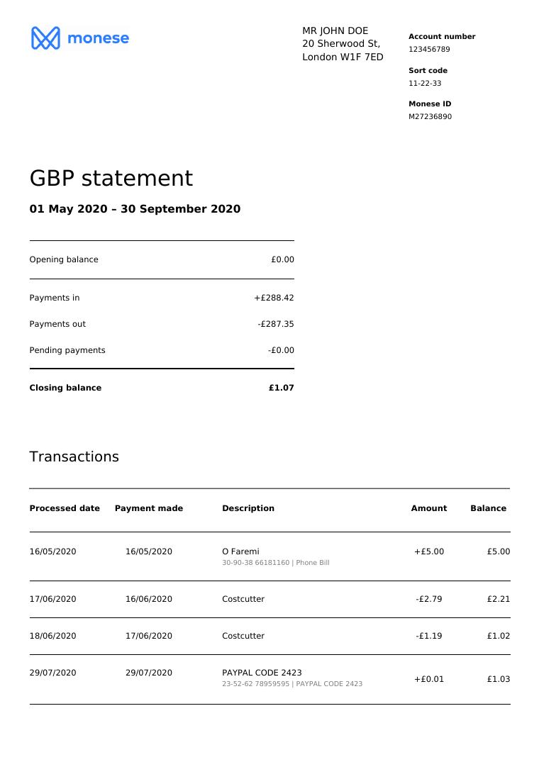 Monese Bank Statement preview