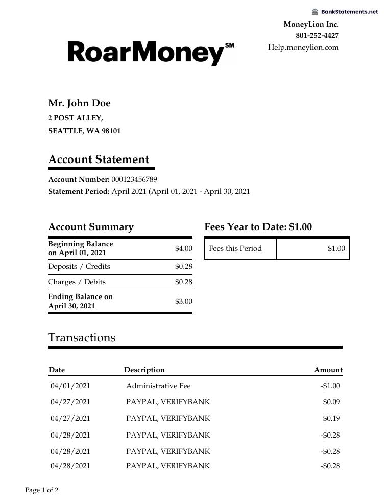 Moneylion Bank Statement preview