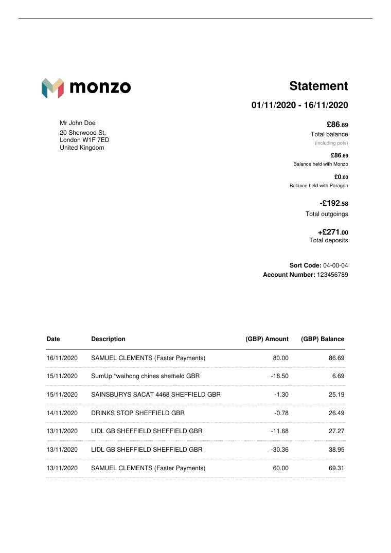 Monzo Bank Statement preview