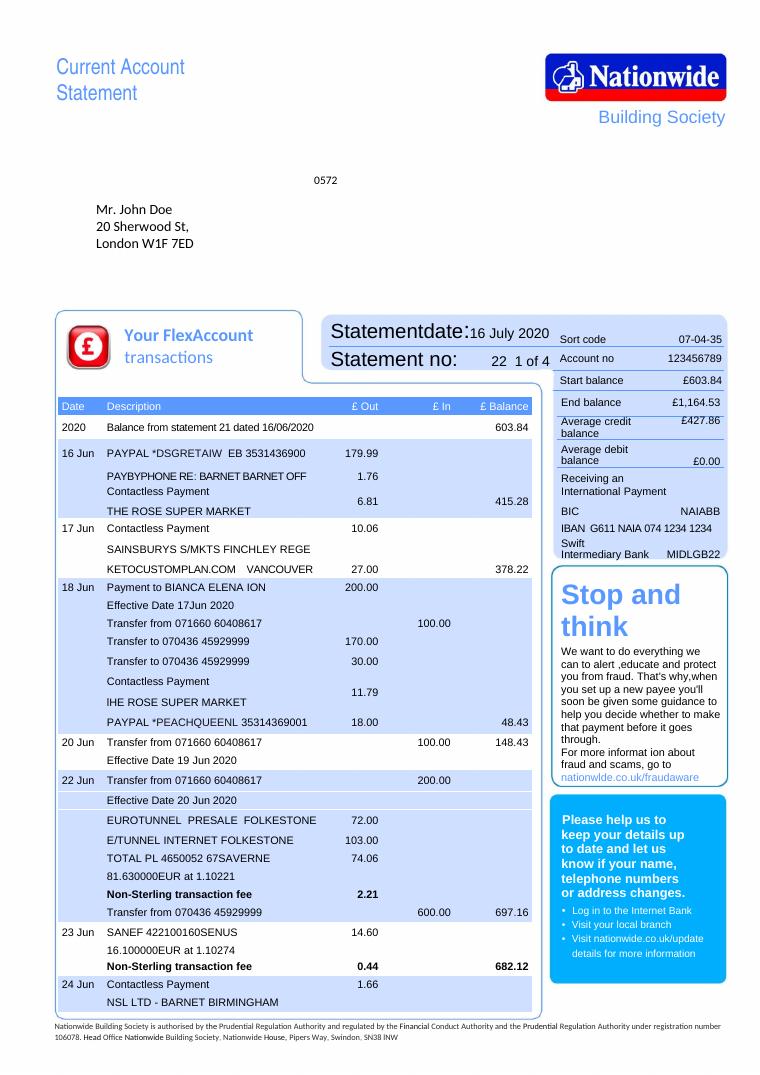 Nationwide Bank Statement preview