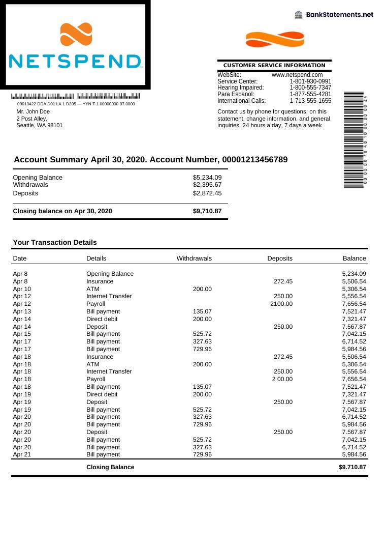 Netspend Bank Statement preview