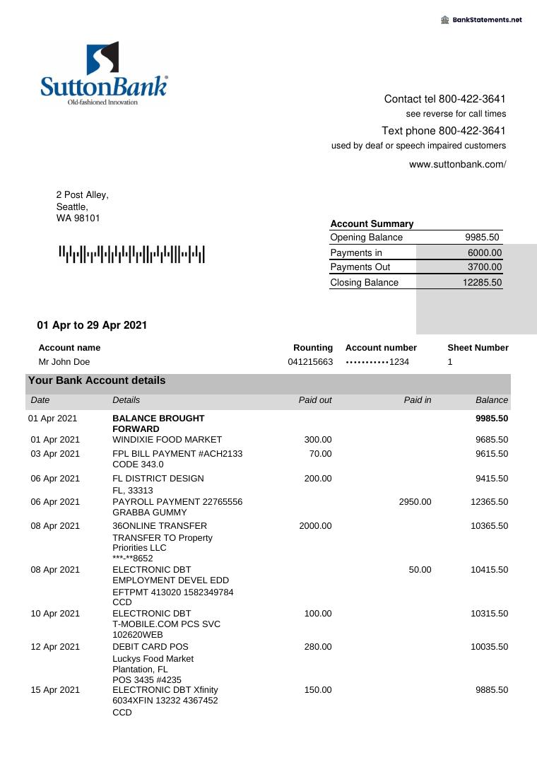 Sutton Bank Statement preview