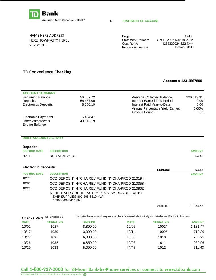 Td Bank Statement Template 2023 preview