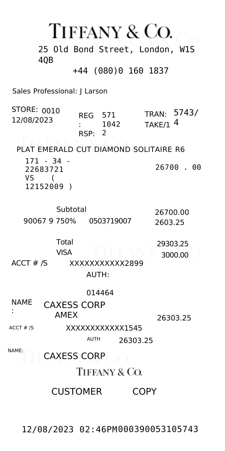 Tiffany & Co Tiffany Master Thermal Receipt 2023 preview