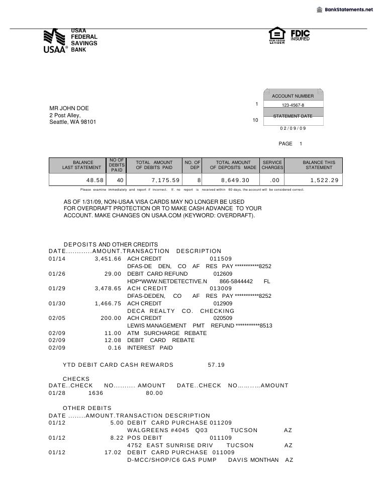 USAa Bank Statement preview