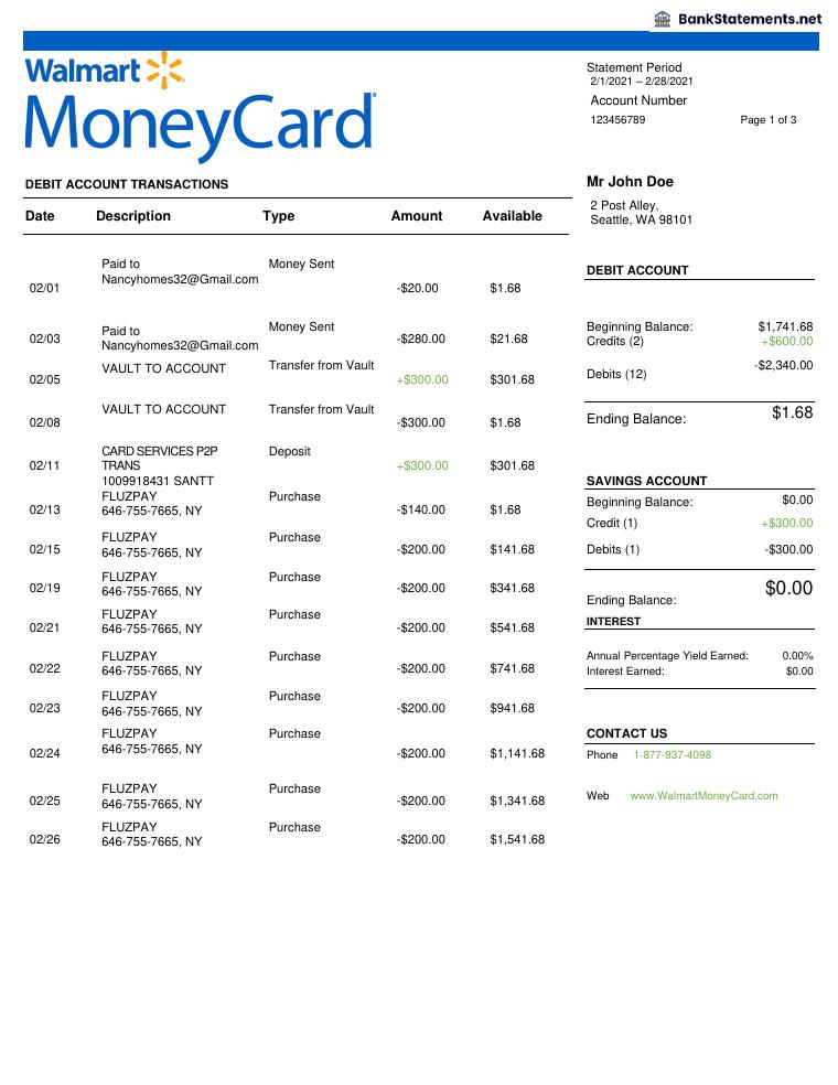 Walmart Money Card Bank Statement preview
