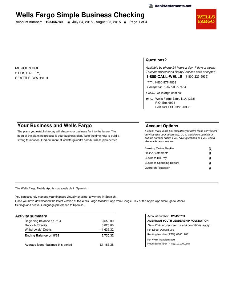 Wells Fargo Bank Statement preview