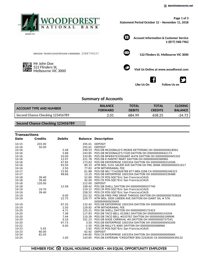 Woodforest Bank Statement preview
