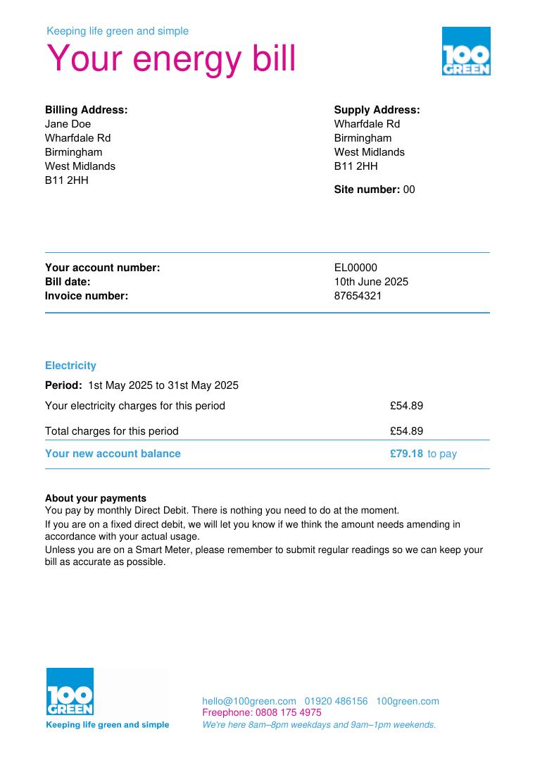 100Green Sample Matched Rate Energy Bill document preview