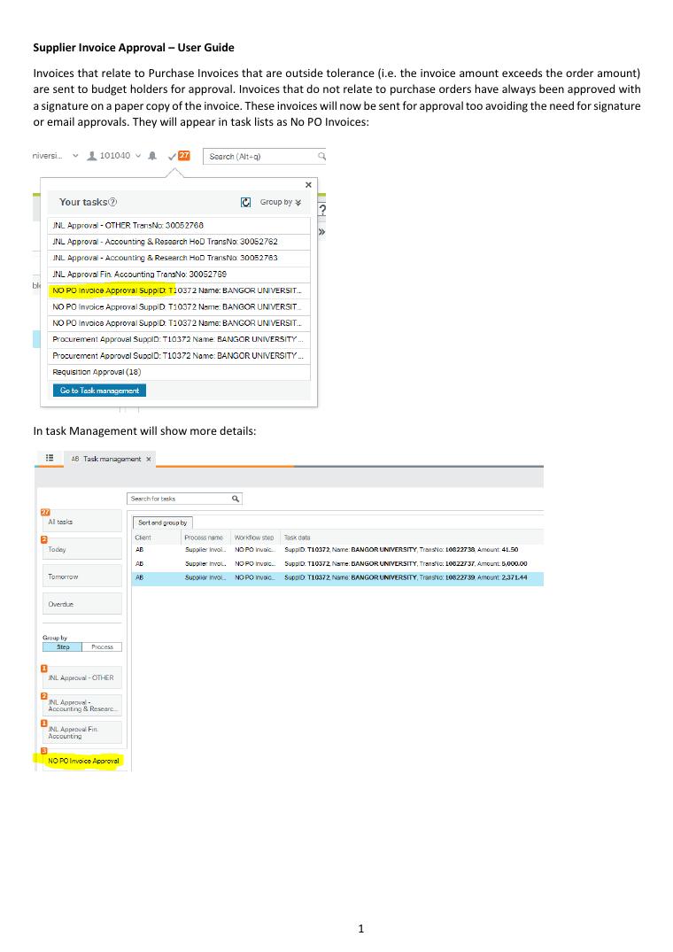 Aberystwyth University Supplier Invoice Approval User Guide document preview