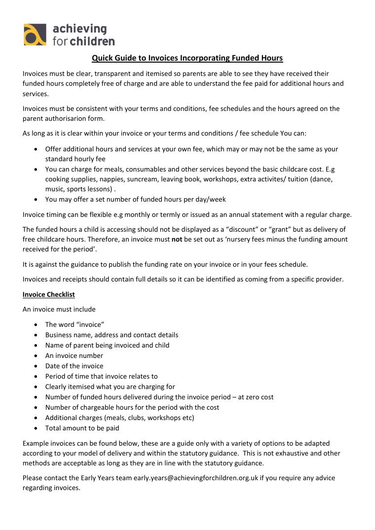 Achieving for Children Quick Guide to Invoices Incorporating Funded Hours document preview