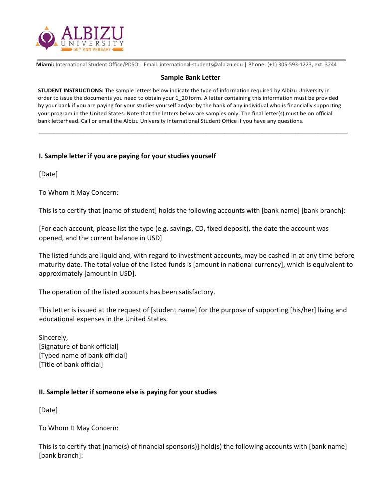 Albizu University Sample Bank Letter document preview