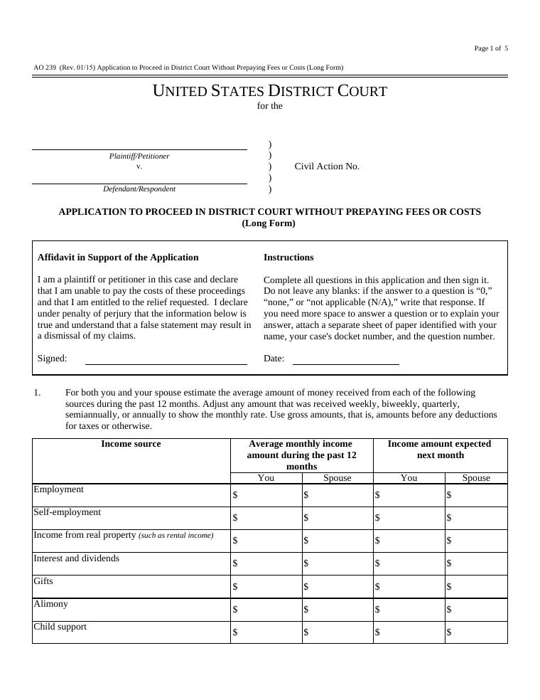 AO 239 Application to Proceed in District Court Without Prepaying Fees or Costs (Long Form) document preview