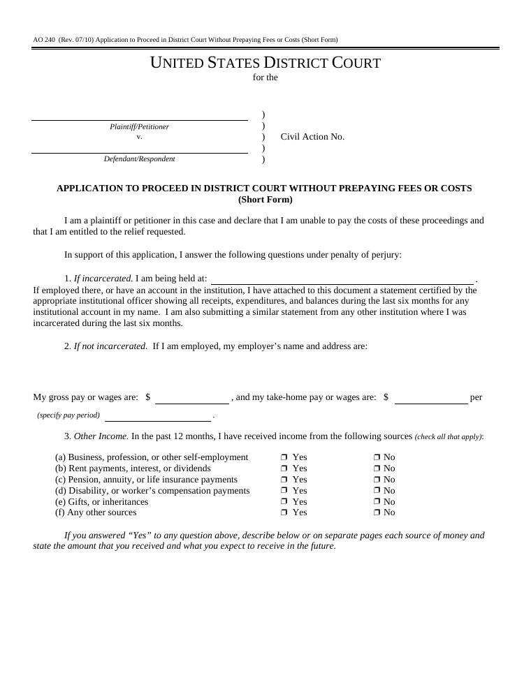 AO 240 Application to Proceed in District Court Without Prepaying Fees or Costs document preview