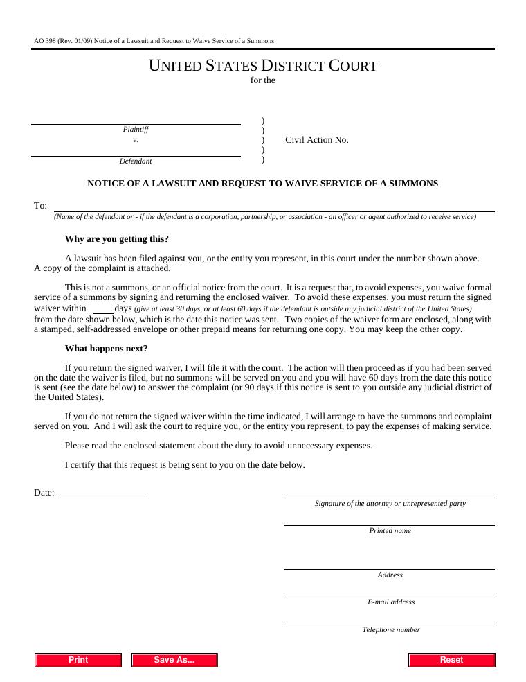AO 398 Notice of a Lawsuit and Request to Waive Service of a Summons document preview