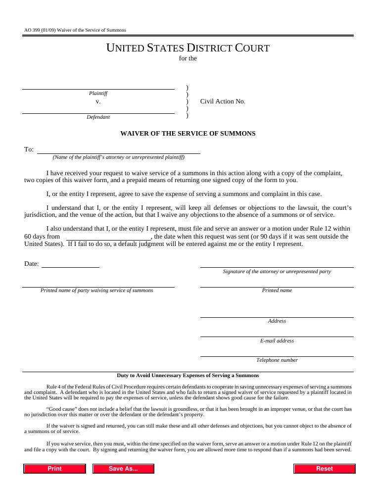 AO 399 Waiver of the Service of Summons document preview