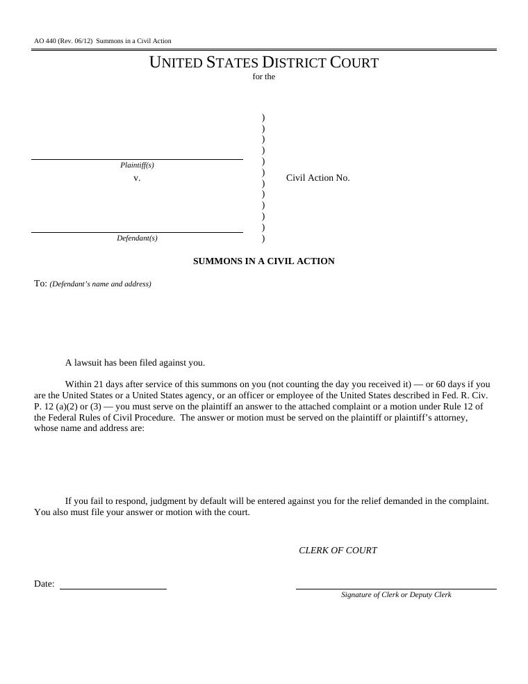 AO 440 Summons in a Civil Action document preview