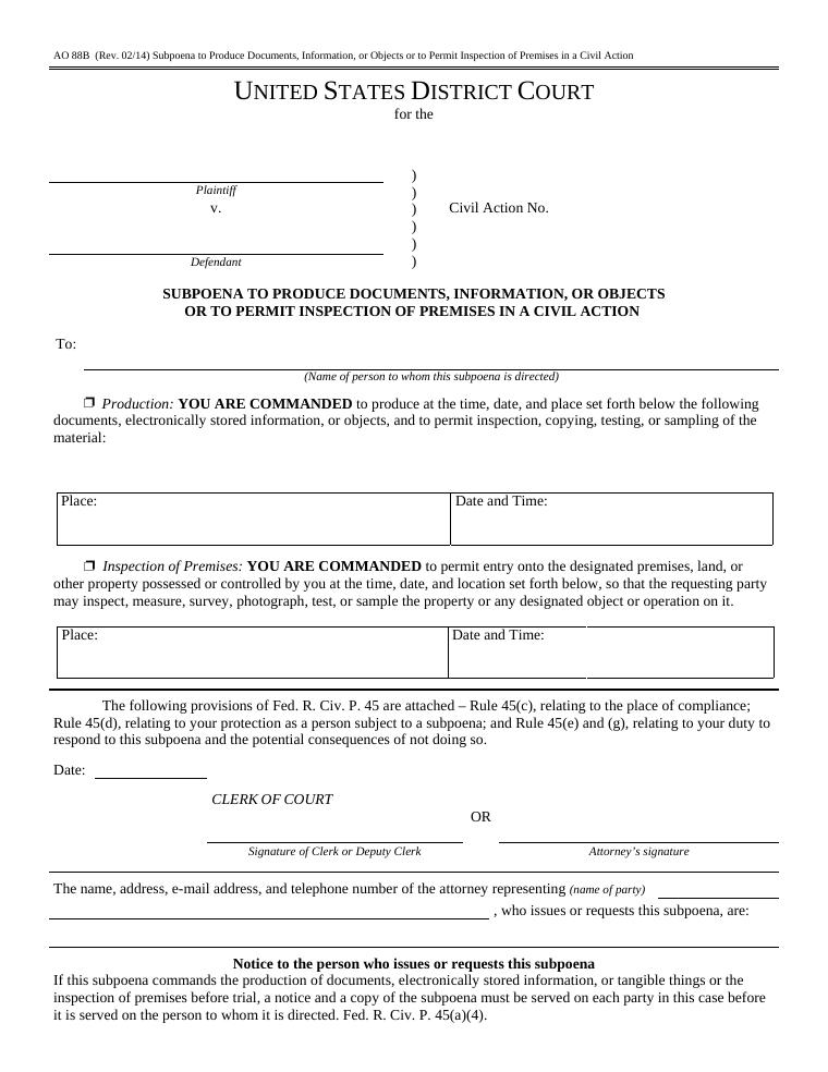 AO 88B Subpoena to Produce Documents, Information, or Objects or to Permit Inspection of Premises in a Civil Action document preview