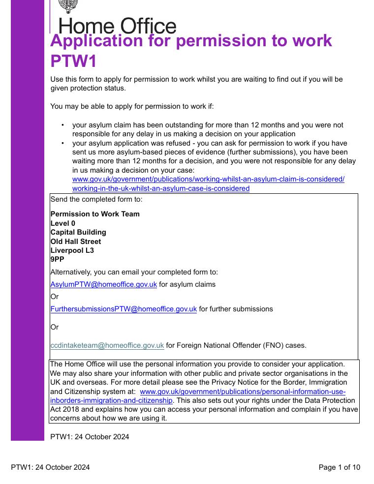 Application for Permission to Work PTW1 document preview