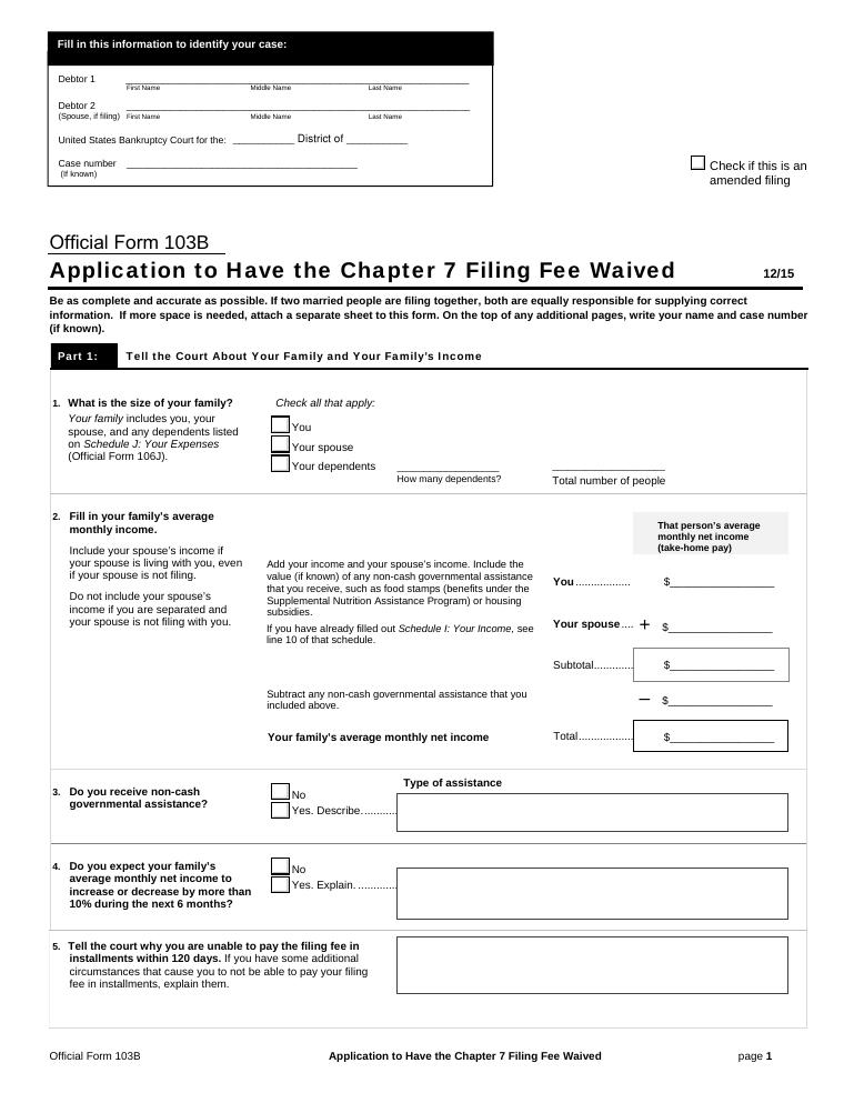 Application to Have the Chapter 7 Filing Fee Waived document preview