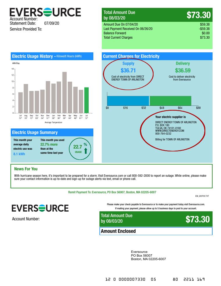 Arlington Community Electricity Sample Eversource Bill document preview