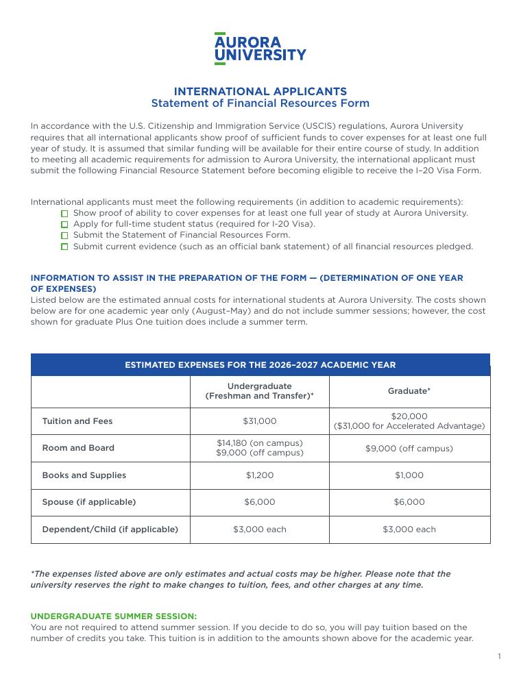 Aurora University International Applicants Statement of Financial Resources document preview