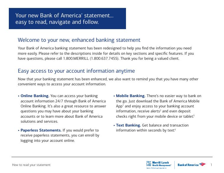 Bank of America Sample Bank Statement Guide document preview