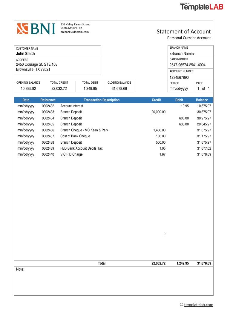 Bank Statement Template 3 Templatelab document preview