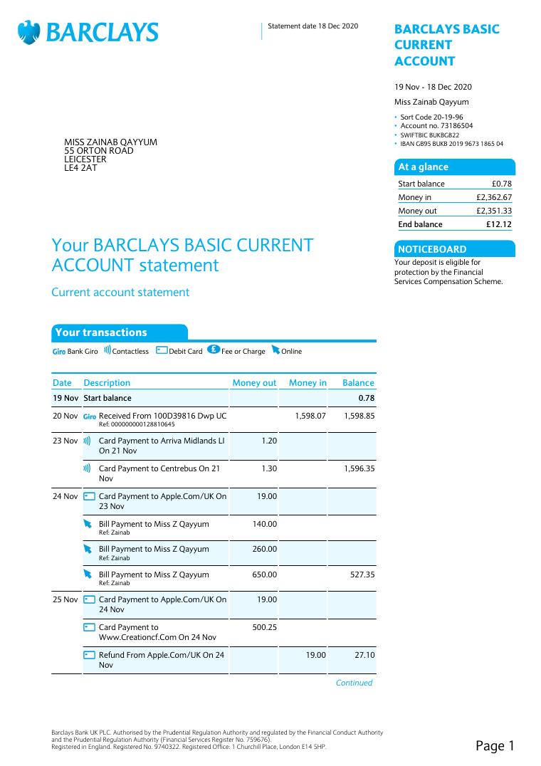 Barclays Bank Statement 3 document preview
