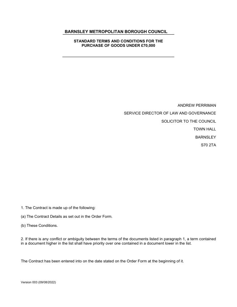 Barnsley Council Purchase Order Terms for Low Value Supply of Goods 2022 document preview