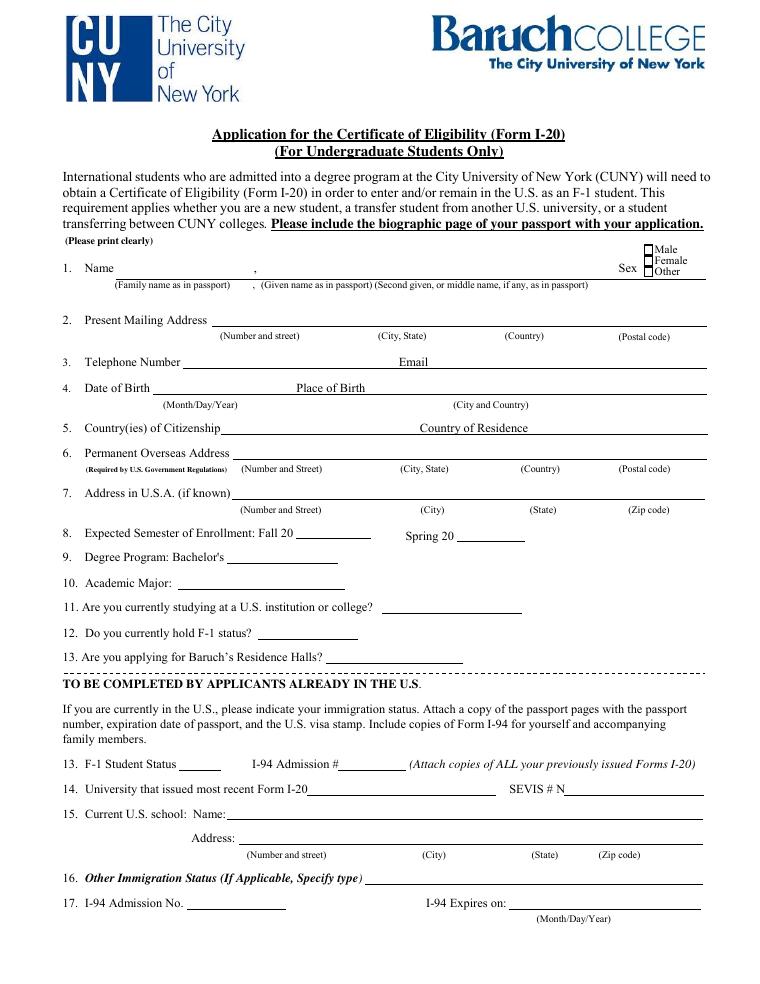 Baruch College Undergraduate Application for Certificate of Eligibility Form I-20 document preview