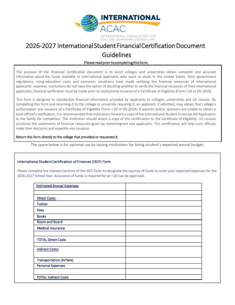 Bates College International Student Financial Certification 2026-2027 document preview