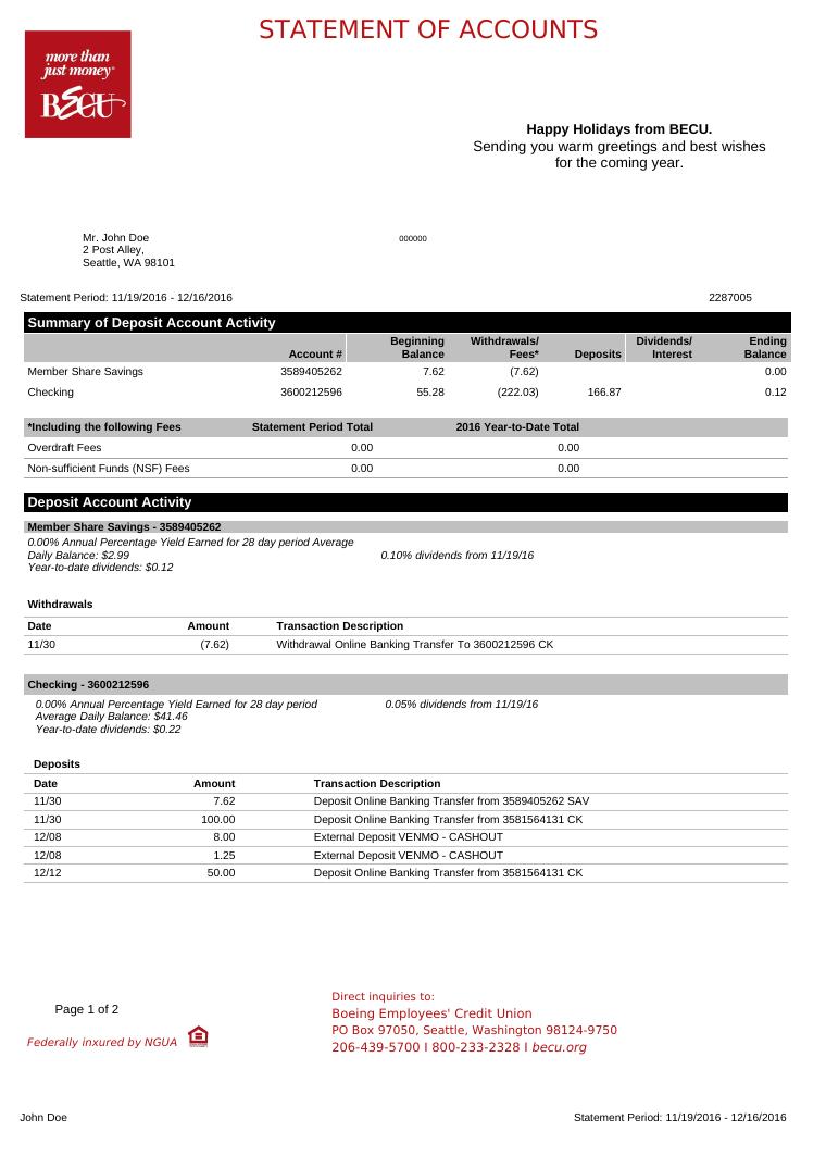 Becu Bank Statement document preview