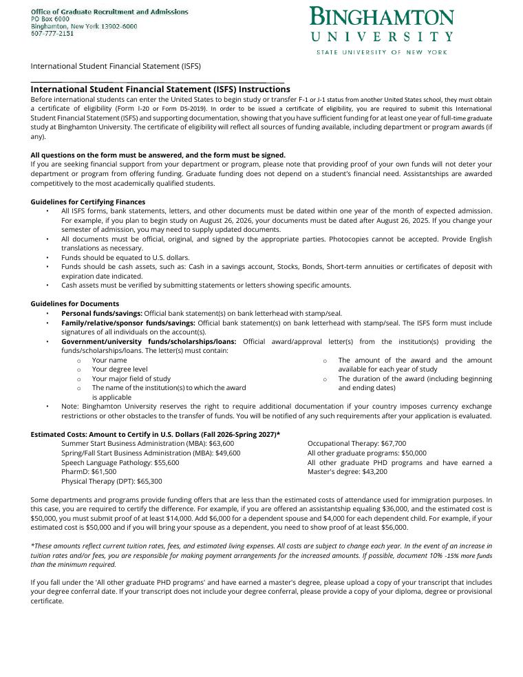 Binghamton University ISFS Bank Statement Instructions document preview