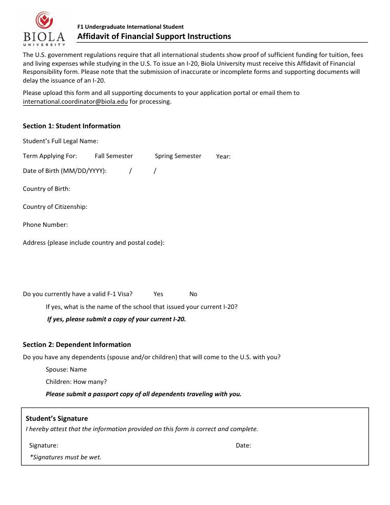 Biola University Undergraduate International Student Affidavit of Financial Support 2026-2027 document preview