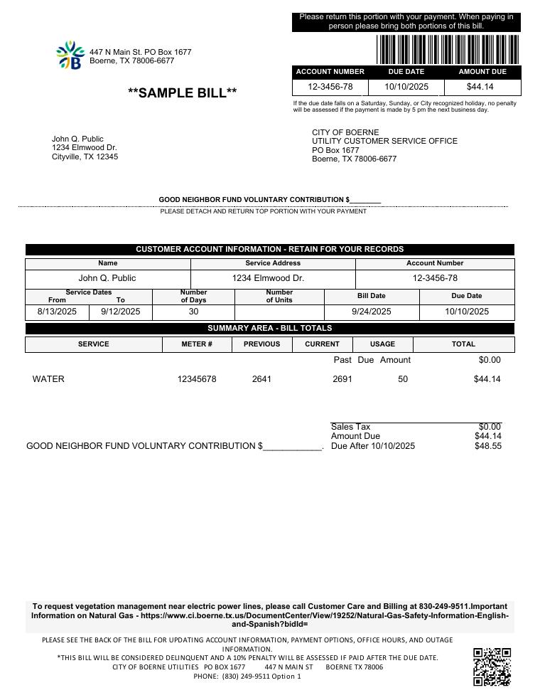 Boerne Sample Utility Bill document preview