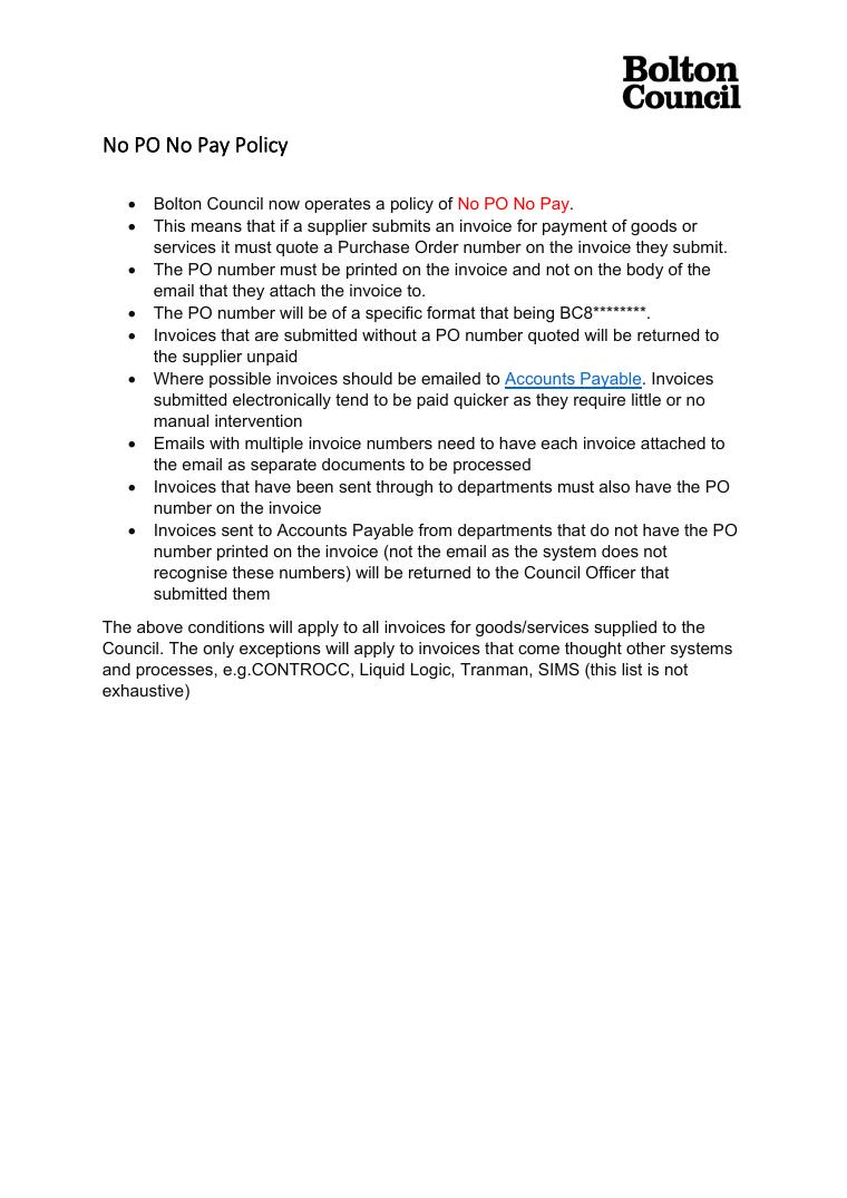 Bolton Council No PO No Pay Policy document preview