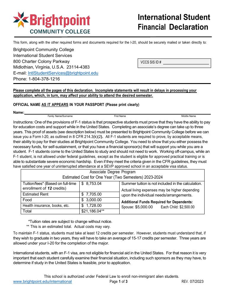Brightpoint International Student Financial Declaration document preview