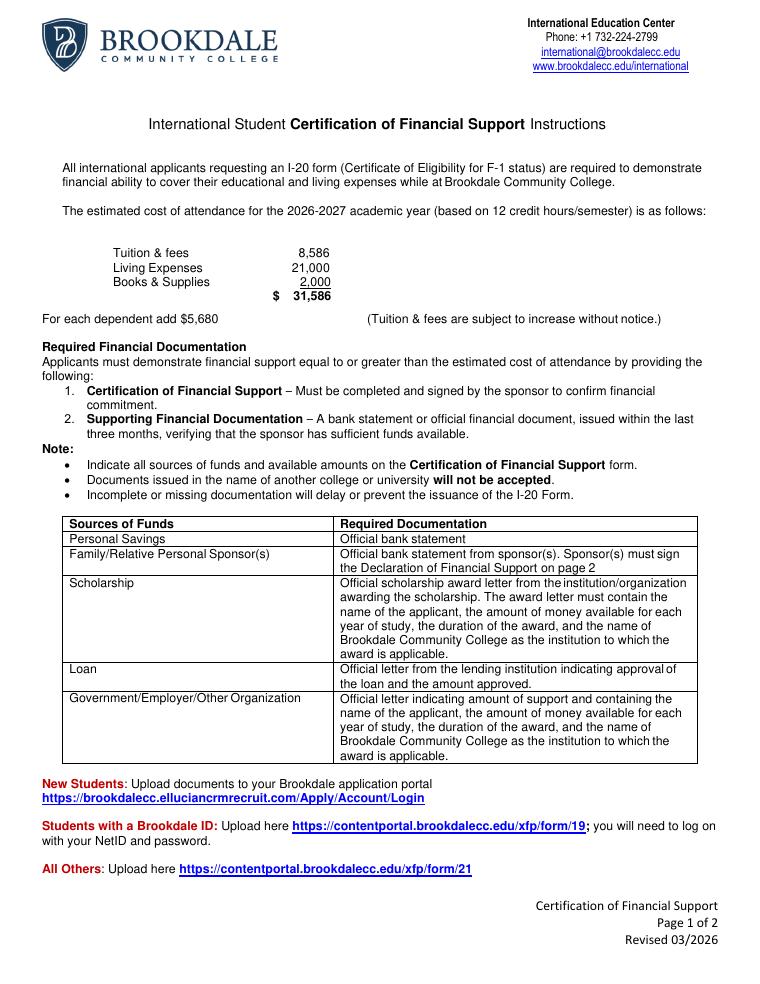 Brookdale Community College Certification of Financial Support 2026-2027 document preview