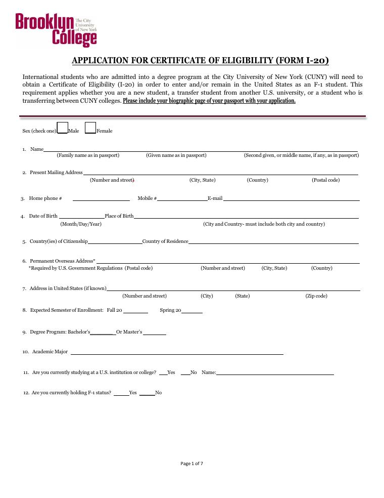 Brooklyn College Application for Certificate of Eligibility Form I-20 document preview